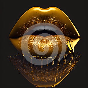 Beautiful golden lips, gold colored lipstick. Perfect lips close-up on a dark background, gold liquid drops. 3d illustration