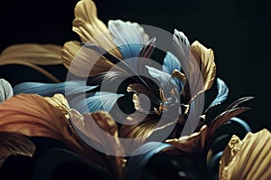 beautiful golden-marine irises flowers against dark golden background. close up. Ai generated