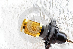 Beautiful golden microphone on a light blurred background