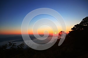 Beautiful golden natural sunlight and twiligh of sunrise shining to in the mist on valley of mountain in Thailand