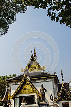 Beautiful golden pattern on gable end in Burmese style Buddhist church at Wat Chedi Luang, Chiang Mai, Thailand. Many of the regio