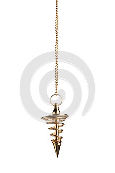 Beautiful golden pendulum with chain isolated. Hypnosis session