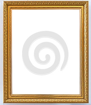 Beautiful golden picture frame vintage carved gilded border antique for interior decoration on white background, Concept gallery