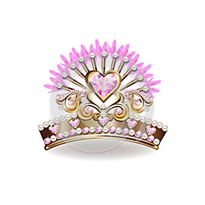 Beautiful golden princess crown with pearls and pink jewels