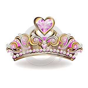 Beautiful golden princess crown with pearls and pink jewels