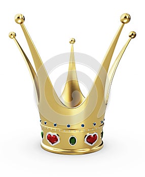 Beautiful golden princess crown with red ruby hearts. 3d Illustration