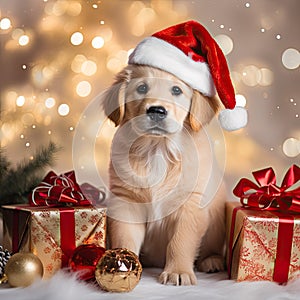 beautiful golden retriever puppy with a red santa claus hat sits under christmas tree with gifts and light blur background