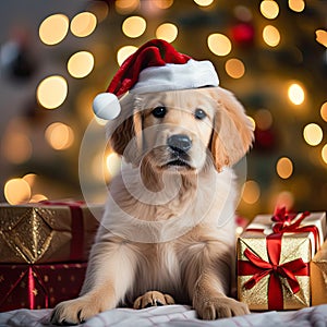 beautiful golden retriever puppy with a red santa claus hat sits under christmas tree with gifts and light blur background