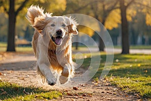 A beautiful Golden Retriever is running in the park on a sunny day