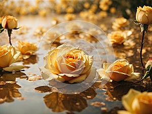 Beautiful golden roses on water