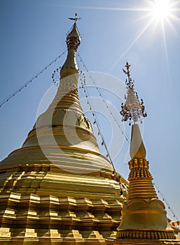 Beautiful golden stupa, chedi and pagoda in buddhist temple in Thailand