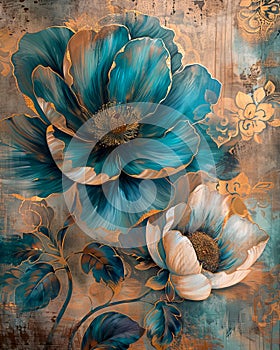 Beautiful Golden Teal Peony Painting