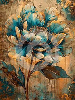 Beautiful Golden Teal Peony Painting