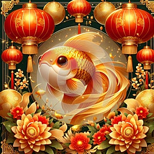 A beautiful goldfish in chinese style, with red lampions and mei hwa flowers, cheerful, digital anime art, fantasy, gold colors