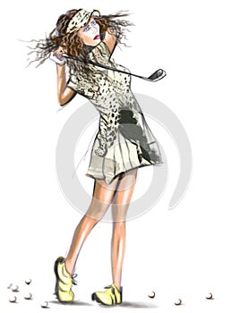 Beautiful golf player - An hand drawn and painted illustration