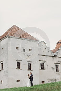 Beautiful gorgeous bride and groom posing outdoors. happy wedding couple hugging and embracing at old castle. happy romantic