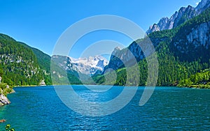 Beautiful Gosausee lake landscape with Dachstein mountains in Austrian Alps. Salzkammergut region.