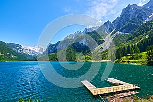 Beautiful Gosausee lake landscape with Dachstein mountains in Austrian Alps. Salzkammergut region.