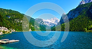 Beautiful Gosausee lake landscape with Dachstein mountains in Austrian Alps. Salzkammergut region.