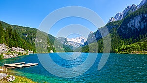 Beautiful Gosausee lake landscape with Dachstein mountains in Austrian Alps. Salzkammergut region.