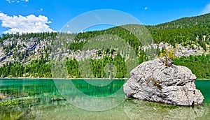 Beautiful Gosausee lake landscape with Dachstein mountains in Austrian Alps. Salzkammergut region.