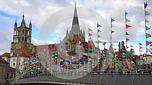 Beautiful Gothic cathedral in Lausanne old town, sightseeing tour to Switzerland