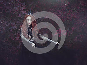 A beautiful gothic princess with pale skin and long red hair wearing a crown and a black dress against the backdrop of burgundy le