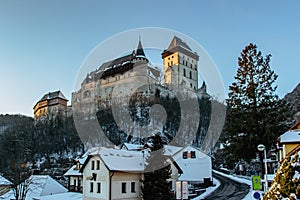 Beautiful gothic Royal Karlstejn Castle in winter with snow,Czech Republic.Founded by Charles IV.There are Czech crown jewels,