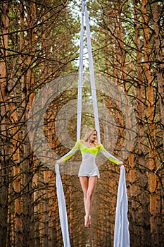 Beautiful and graceful trapeze artist performs exercises on aerial silk