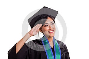 Beautiful graduate student hand salute gesture sideways, isolated on white