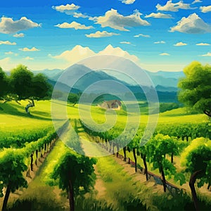 Beautiful grape plantation hills, trees, clouds against backdrop of mountains