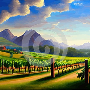 Beautiful grape plantation hills, trees, clouds against backdrop of mountains