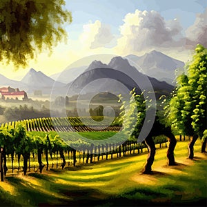 Beautiful grape plantation hills, trees, clouds against backdrop of mountains