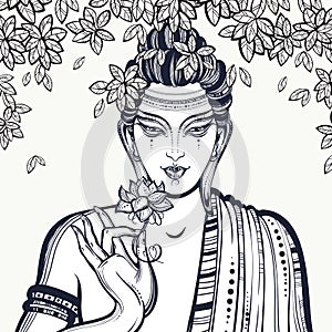 Beautiful graphic Buddha face over the Bodhi Tree. Hand-drawn high-quality vector composition. Spiritual and religious motives.