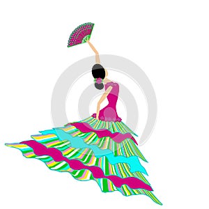Beautiful graphic Flamenco Dancer colorful dress dancing with fan.  Background white or black