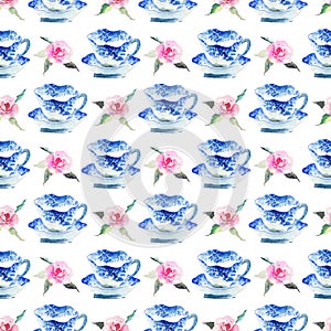 Beautiful graphic lovely artistic tender wonderful blue porcelain china tea cups with lovely pink roses flowers pattern