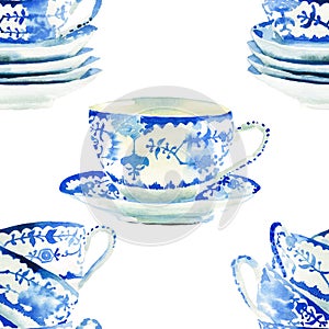 Beautiful graphic lovely artistic tender wonderful blue porcelain china tea cups pattern watercolor hand illustration