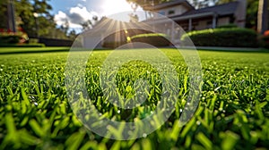 Beautiful grass with sunshine in a perfect yard in front of a house. AI Generated.