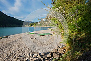 Beautiful gravel beach with rowing boats, lake walchensee bavaria. blooming apple tree in spring