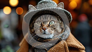 beautiful gray curious tabby cat in a felt hat and drape coat, looking at the camera, banner