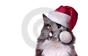 Beautiful Gray Fluffy Cat wearing Santa Claus Hat. Cat in Christmas hat against white background. Happy Holidays