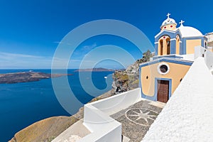 Beautiful Greek church bell tower. Santorini island, Greece, Europe. Luxury vacation