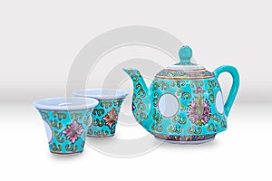 Beautiful Asian Tea Pot and Cup Set with Floral patterns Mockup