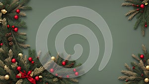 Beautiful green Christmas background with a border of fir branches, red baubles, pine cones