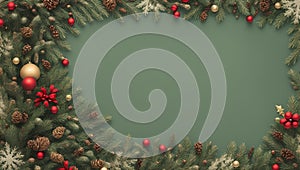 Beautiful green Christmas background with a border of fir branches, red baubles, pine cones