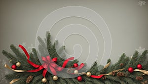 Beautiful green Christmas background with a border of fir branches, red baubles, pine cones