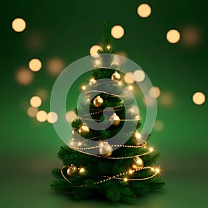 Green Christmas Tree with Gold Ornaments and Lights AI-Generated Image photo