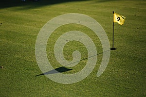 Beautiful green field golf grass and hole with flag