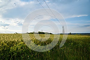 Beautiful green field landscape before rain. Countryside village rural natural background at sunny weather in spring summer. Green