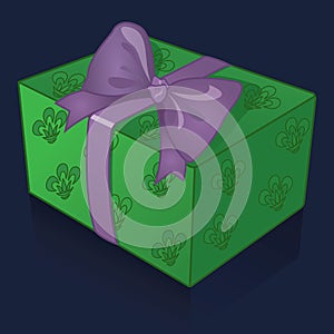 Beautiful green gift box with purple bow on a blue background